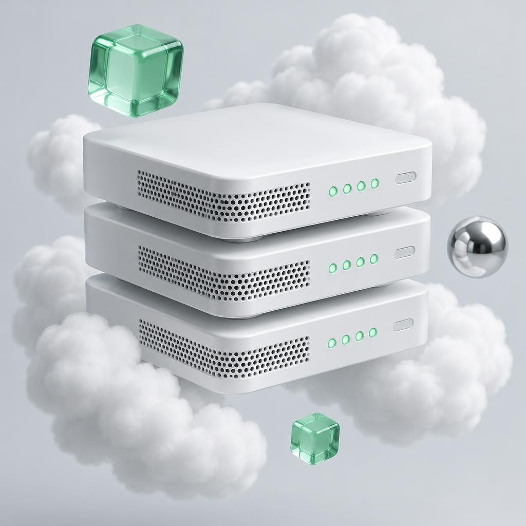 White hosting servers floating among clouds and mint glass cubes